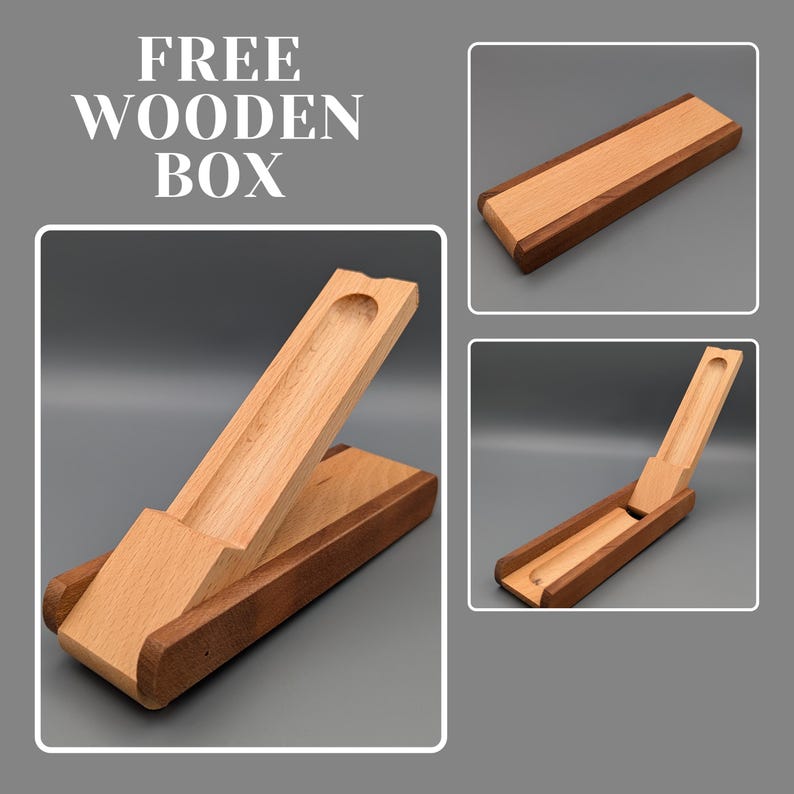 May include: A wooden box with a light brown interior and a darker brown exterior. The box is open, revealing a carved interior. The text "FREE WOODEN BOX" is displayed in white letters.