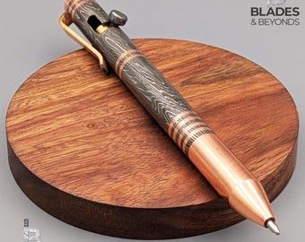 Handmade Damascus Steel Bolt Action Pen - Copper Accents, Wood Gift Box