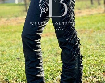 Handmade Cowhide Leather Western Chaps: Fringe Motorcycle Riding Chaps
