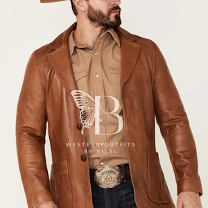 Blazer western en cuir marron pour hommes : manteau en cuir véritable