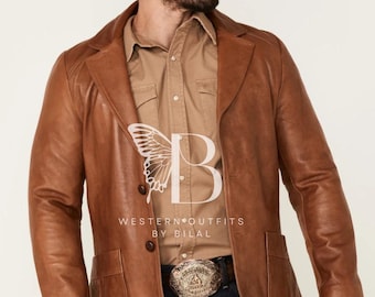 Men's Brown Leather Western Blazer: Genuine Leather Coat