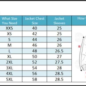 May include: A size chart for jackets, showing the corresponding jacket chest size and sleeve length in inches for different actual chest sizes. The chart includes sizes from XXS to 5XL.