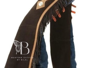 Mens Suede Leather Cowboy Chaps: Western Rodeo Fringe Pant