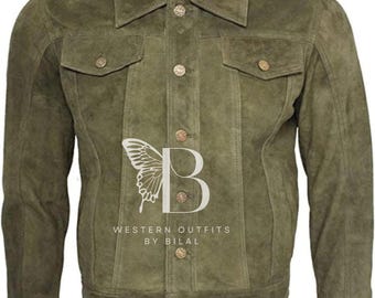 Men&#39;s Olive Green Suede Leather Western Trucker Jacket