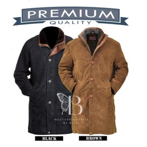 May include: Two long leather coats, one black and one brown, with a fur collar and button closures. The coats are shown side-by-side with the text "PREMIUM QUALITY" and "WESTERN OUTFITS BY BILAL" at the bottom.
