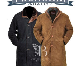 Men's Suede Leather Western Cowboy Long Coat - Brown & Black