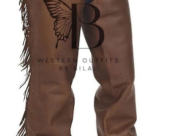 Handmade Western Leather Chaps: Fringe Rodeo Cowboy Riding Chaps
