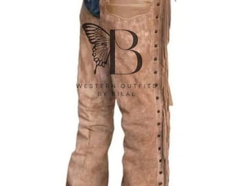 Mens Handmade Suede Leather Cowboy Chaps: Western Fringe Rodeo Pants