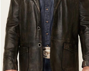 Men's Western Leather Blazer: Genuine Black Leather Coat