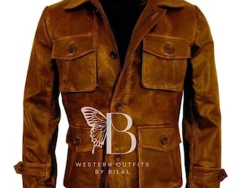 Men&#39;s Western American Cowhide Leather Jacket|  Distressed brown Trial master Retro Café racer jacket|
