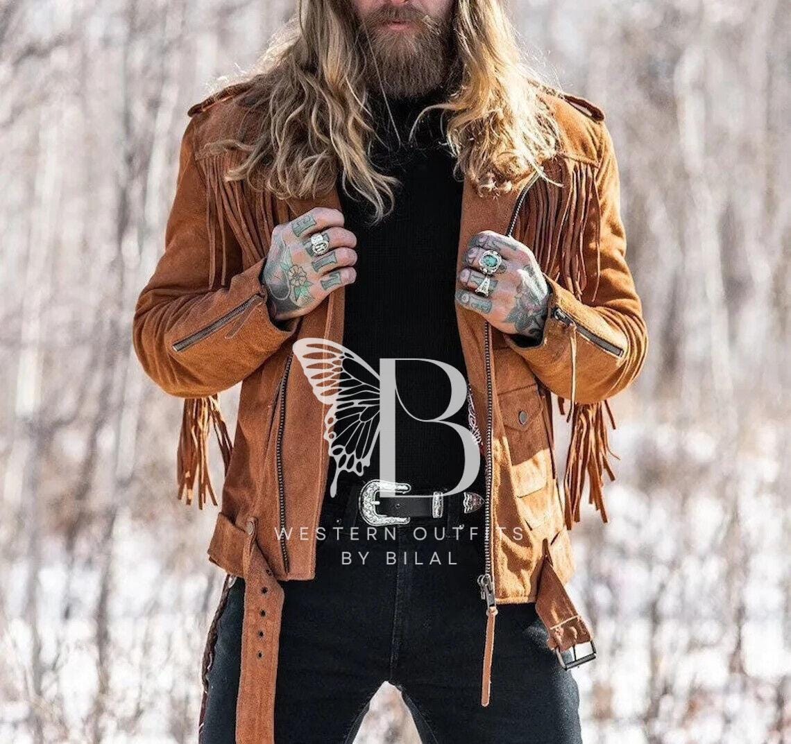 Mens Suede Leather Fringe Jacket: Western Motorbike Style