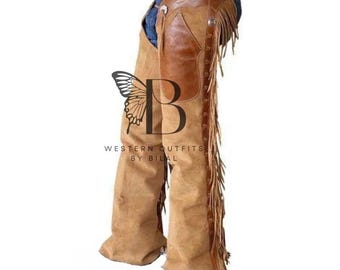 Mens Suede Leather Cowboy Chaps: Western Fringe Rodeo Riding Chaps