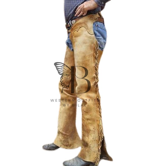 Mens Vintage Yellow Native American Leather Chap: Rodeo Cowboy 