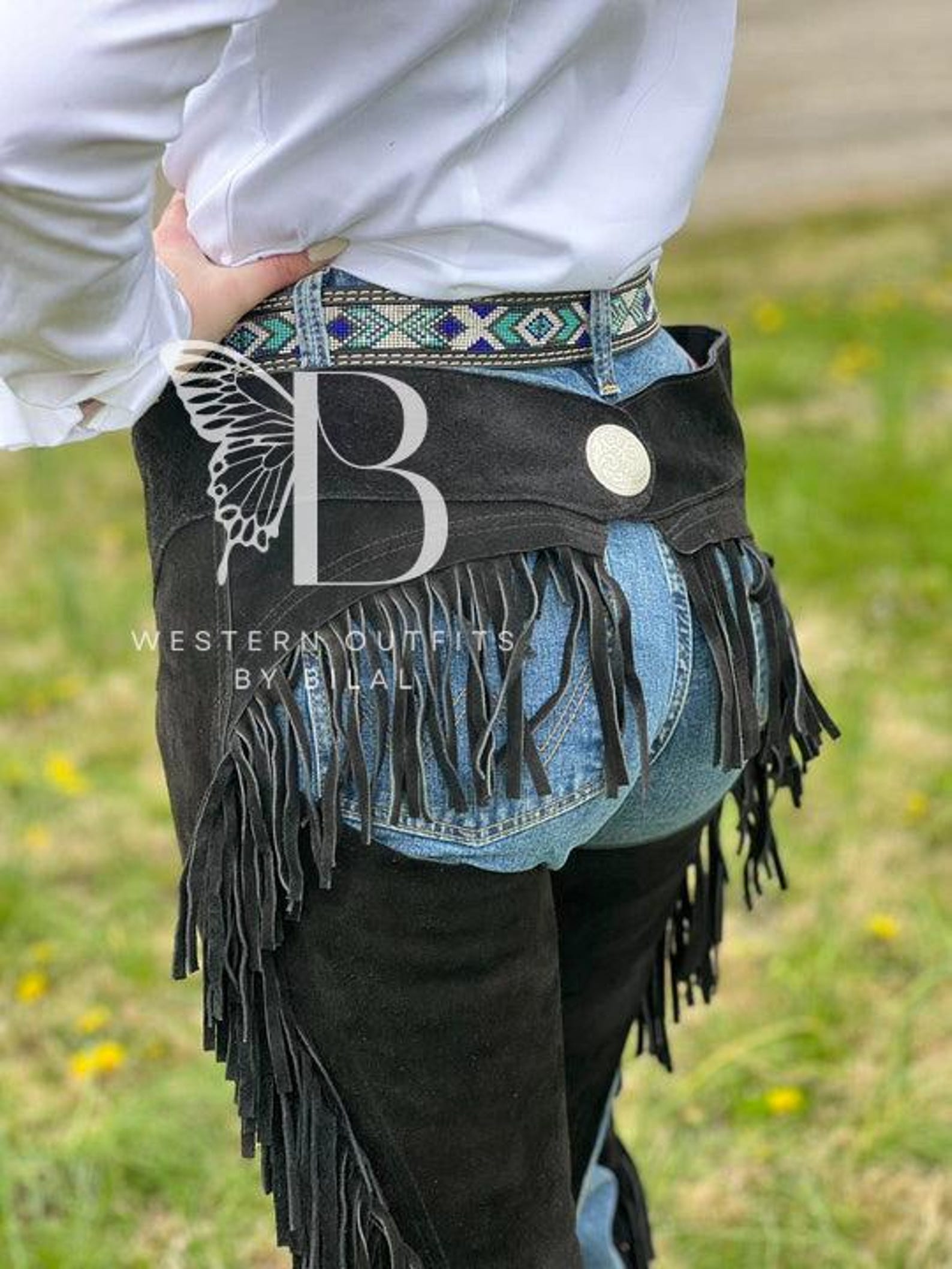 Pantalon D'équitation Femme Style Western - Chaps En Cuir Marron Avec Franges - Fait Main - Idéal Rodéo Et Cowgirl