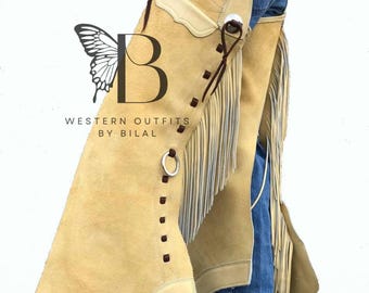 Mens Suede Leather Cowboy Chaps: Western Fringe Rodeo Chaps