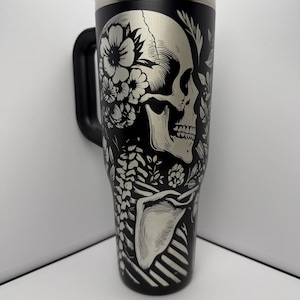 Stanley Quencher - Skull with Flowers Laser Engraved Stanley Tumbler