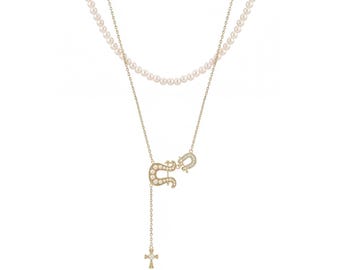 Gold Horseshoe Pearl Lariat Necklace, Crystal Cross Charm, Layered Statement Jewelry