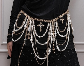 Handcrafted Pearl Body Chain Belt: Gothic Cross Charm  display picture 3