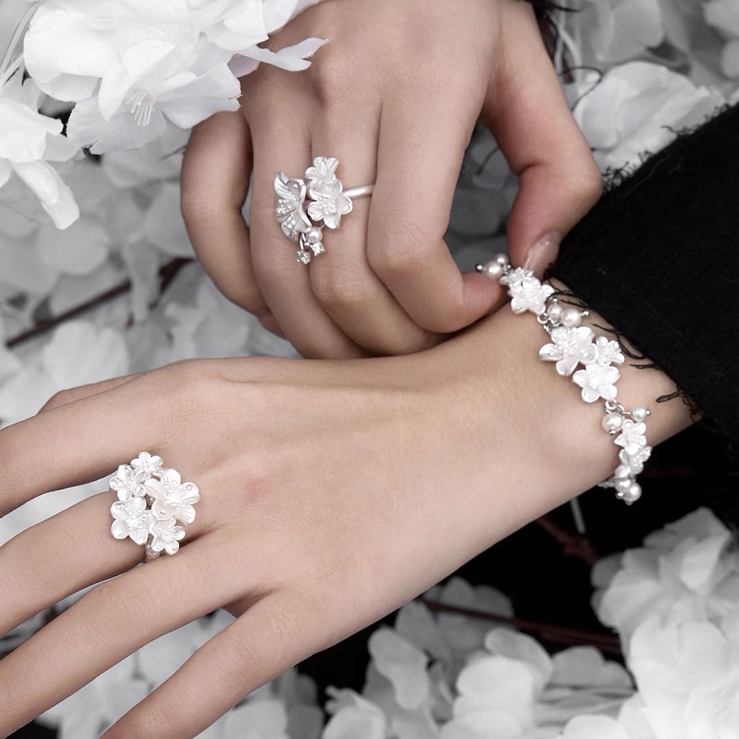 Night Sakura Statement Ring: Silver Cherry Blossom, Pearl Flower Ring ...