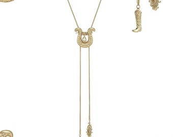 Gold Bolo Tie Necklace, Horseshoe Lariat, Cowboy Boot Pendant, Western Jewelry