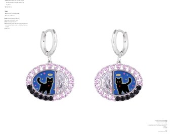 Angel Cat Hoop Earrings, Pink Crystals, Handmade Jewelry