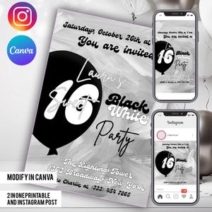 Sweet Sixteen 3in1 Printable Instagram Mobile background theme Black&White