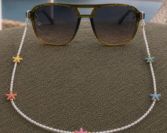 Coastal Beaded Glasses Chain with Starfish Charms | Handmade Sunglasses Holder | Beach Jewelry Strap