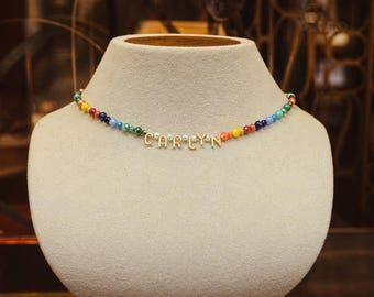 Custom Rainbow Beaded Name Necklace, Personalized Gold Letter Jewelry
