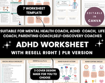 May include: A digital download of 7 ADHD worksheets for coaches. The worksheets include topics such as coping skills, social skills, and a focus plan. The product is editable in Canva and includes 3 cover designs.