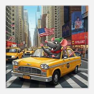 Ratto alla guida di un taxi giallo di New York City lungo Manhattan mentre sventola la bandiera americana arte divertente di animali su tela 8x8 pollici