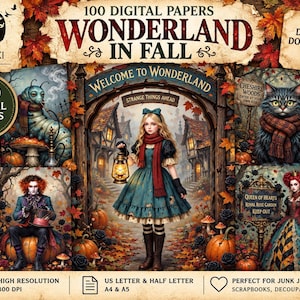 Może przedstawiać: Cyfrowa kolekcja zatytułowana Wonderland in Fall zawierająca 100 cyfrowych papierów. Obrazy przedstawiają Alicję z latarnią, Kota z Cheshire, Szalonego Kapelusznika i Królową Kier w otoczeniu jesiennych liści, dyń oraz leśnych scenerii.