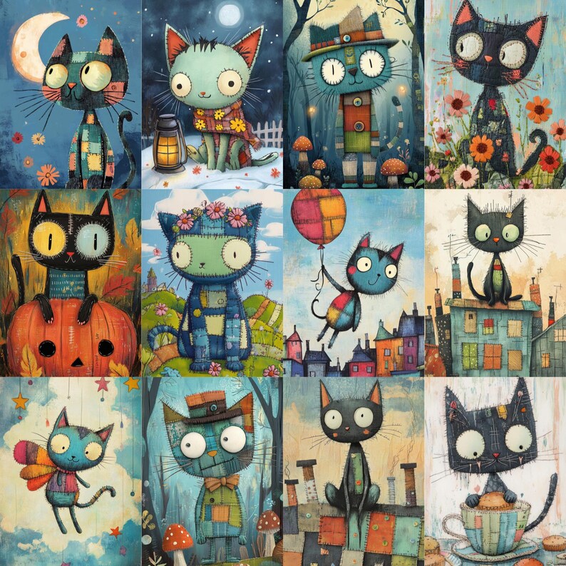 May include: A collection of twelve whimsical cat illustrations. Each cat is depicted in a unique setting, with varied colors and patterns. Some cats are holding objects, while others are adorned with accessories like hats and scarves. The artwork has a folk art style.