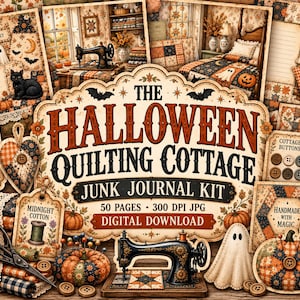 Może przedstawiać: Cyfrowy zestaw do junk journala zatytułowany The Halloween Quilting Cottage z pomarańczowo-czarnymi wzorami, czarnymi kotami, duchami, dyniami, maszynami do szycia i motywami pikowania. Zestaw zawiera 50 stron, pliki JPG 300 DPI i jest do pobrania.