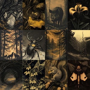 May include: A collection of twelve digital art prints featuring forest scenes and wildlife. The images include a mouse, a boar, a beetle, a squirrel, and a moth, all rendered in a monochromatic color palette with sepia tones.