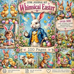 May include: A Junk Journal Kit titled Whimsical Easter featuring 100 pages and over 500 paper backgrounds. The imagery includes a rabbit in a blue coat holding a pocket watch, chicks, lambs, mice, and children with Easter eggs in floral settings.