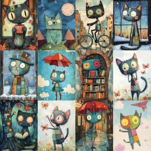 May include: A collection of whimsical cat illustrations. Each cat is depicted in a unique setting, with patchwork-style designs and vibrant colors. Some cats hold objects like books and umbrellas, while others ride bicycles or interact with butterflies.