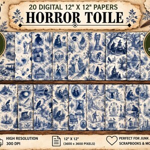 May include: A collection of 20 digital papers titled Horror Toile, featuring blue and white intricate patterns with various gothic and horror-themed illustrations. The text 20 DIGITAL 12" X 12" PAPERS HORROR TOILE is displayed at the top of the image.