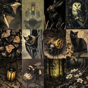 May include: A collection of nine illustrations featuring various animals and natural elements. The images include a bat, a swan, a rabbit, an owl, leaves, a beetle, a cat, a bee, a forest scene, and flowers. The color palette is primarily sepia tones with accents of yellow and black.