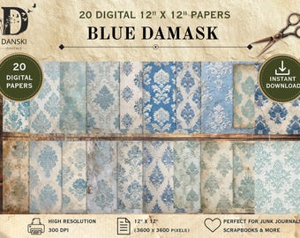 Blue Damask Digital Papers, Vintage Shabby Chic Scrapbook Papers, Printable Backgrounds, Junk Journal Paper, Decoupage, Digital Download