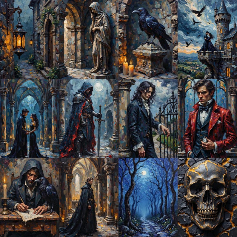 May include: A collection of twelve oil-style paintings featuring gothic imagery including a stone statue, a black raven, a castle, figures in dark cloaks, a person in a red coat, a forest at night, and a cracked skull with gold-colored accents.