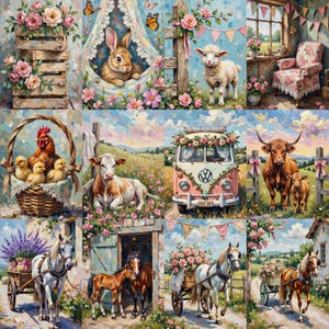 May include: A collage of pastoral paintings featuring farm animals and floral arrangements. Scenes include a rabbit in a floral swing, a lamb, a hen with chicks, a cow, a vintage van, and horses pulling carts, all surrounded by flowers.