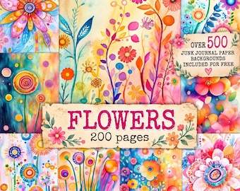 Colorful Flowers Digital Papers, Watercolor Flower Backgrounds, Floral Junk Journal Pages, Printable Paper Set, Digital Scrapbooking Paper