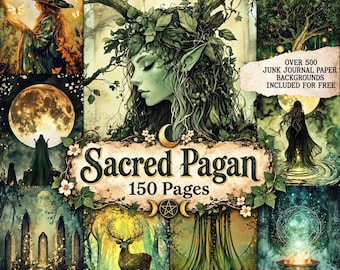 Sacred Pagan Junk Journal Pages, Green Witch Printable, Mystic Moon Backgrounds, Celestial Collage Sheet, Grimoire, Digital Scrapbook Paper