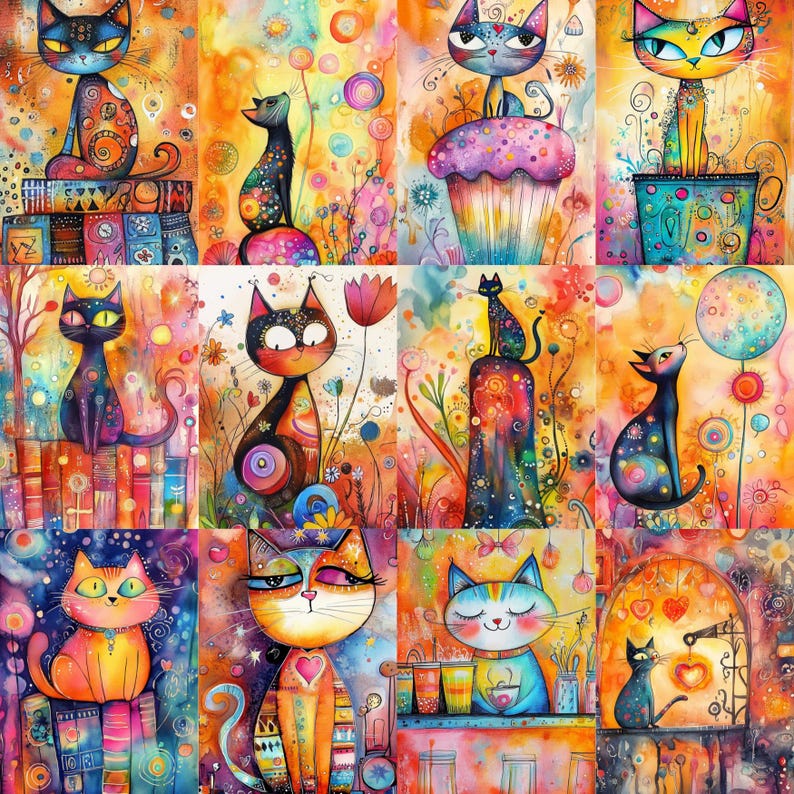 May include: A colourful artwork presenting a collage of whimsical cat illustrations. Each cat is uniquely designed with vibrant patterns and expressive eyes, set against bright, abstract backgrounds. The artwork evokes a playful and artistic theme.