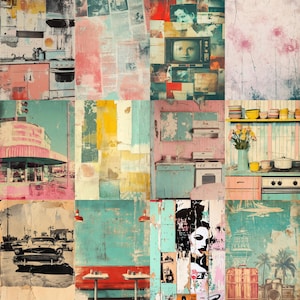 Puede incluir: Un collage de im&aacute;genes de estilo vintage con cocinas retro, restaurantes y coches cl&aacute;sicos. La paleta de colores incluye tonos rosas, turquesas y amarillos, con texturas que recuerdan al papel y la pintura envejecidos. La obra evoca una est&eacute;tica nost&aacute;lgica de mediados de siglo.