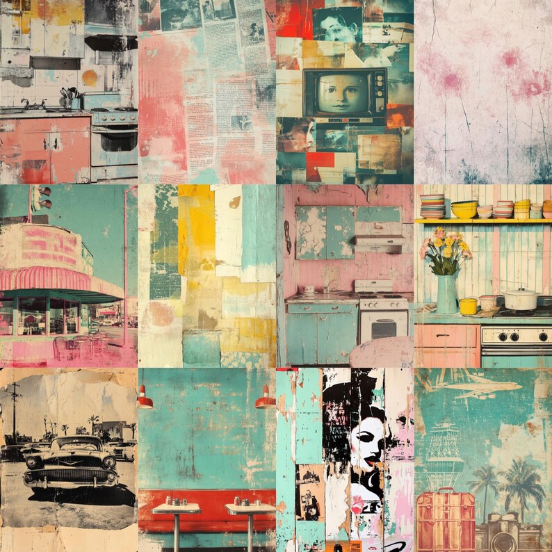 Puede incluir: Un collage de im&aacute;genes de estilo vintage con cocinas retro, restaurantes y coches cl&aacute;sicos. La paleta de colores incluye tonos rosas, turquesas y amarillos, con texturas que recuerdan al papel y la pintura envejecidos. La obra evoca una est&eacute;tica nost&aacute;lgica de mediados de siglo.
