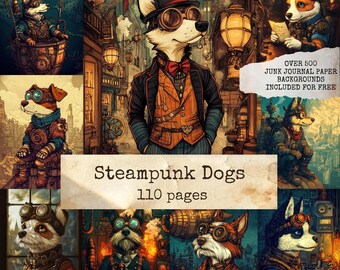 May include: A collage of steampunk-themed dog illustrations. The dogs are dressed in Victorian-era attire with goggles and mechanical accessories. The text "Steampunk Dogs 110 pages" is displayed on a banner.