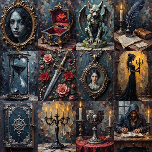 May include: A collection of twelve gothic-themed illustrations featuring a portrait in a gold frame, an ornate jewelry box, a stone gargoyle, a quill and ink set, an hourglass, a dagger with roses, a pendant, a figure with a candelabra, a book, a candelabra, a skull goblet, and a hooded figure writing.