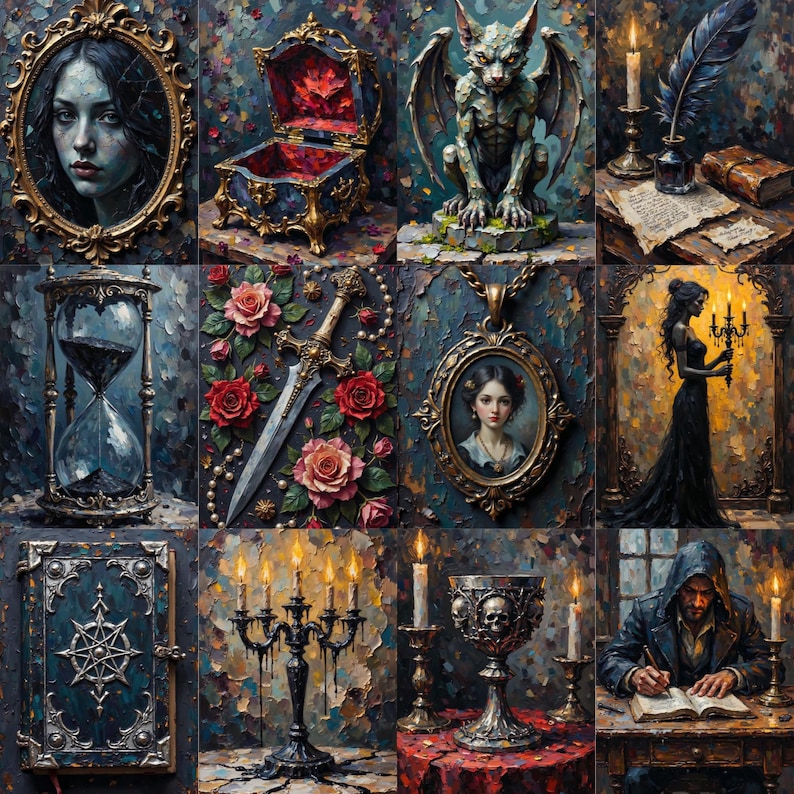 May include: A collection of twelve gothic-themed illustrations featuring a portrait in a gold frame, an ornate jewelry box, a stone gargoyle, a quill and ink set, an hourglass, a dagger with roses, a pendant, a figure with a candelabra, a book, a candelabra, a skull goblet, and a hooded figure writing.