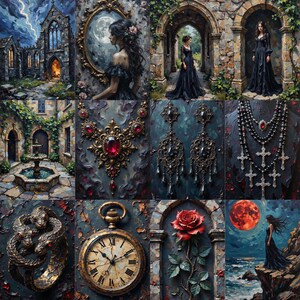 May include: A collection of twelve gothic-themed images featuring a stone ruin, a person in a black dress, a stone fountain, a gold necklace with red gems, ornate black earrings, a cross necklace, a snake ring, a pocket watch, and a red rose.